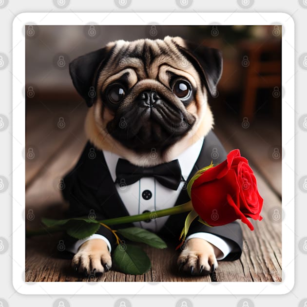 Sad pug dog in tuxedo suit and bow tie with red rose Magnet by nicecorgi